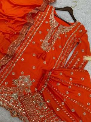 Ethnic Wear Sequin Work Orange Palazzo Suit