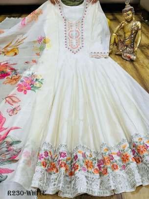Ethnic White Chinon Silk Gown With Dupatta
