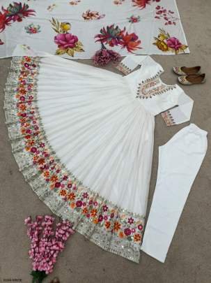 Ethnic White Chinon Silk Gown With Dupatta