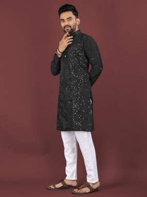 Evergreen Black Sequence Work Viscose Kurta Pajama Set