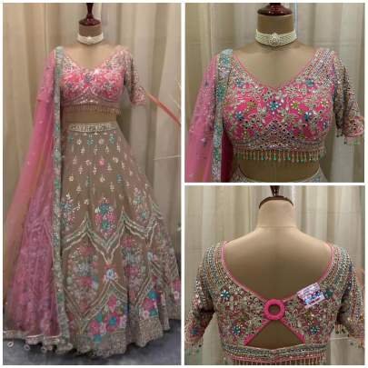 Exceptional Real Mirror 3.5 Meter Flared Pink Net Lehenga Choli