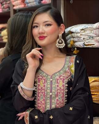 Exclusive Black Chinon Silk Heavy Sharara Suit Set