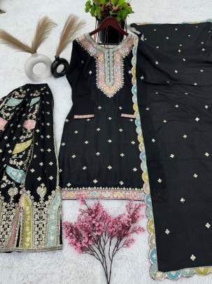 Exclusive Black Chinon Silk Heavy Sharara Suit Set