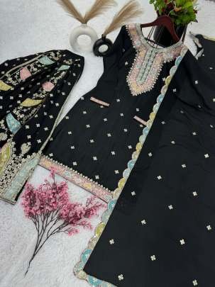 Exclusive Black Chinon Silk Heavy Sharara Suit Set