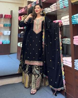 Exclusive Black Chinon Silk Heavy Sharara Suit Set