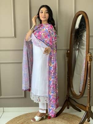 Exclusive Collection Of White Chanderi Silk Kurtis Pant Dupatta Set