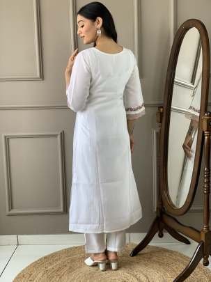 Exclusive Collection Of White Chanderi Silk Kurtis Pant Dupatta Set