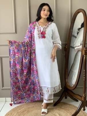 Exclusive Collection Of White Chanderi Silk Kurtis Pant Dupatta Set