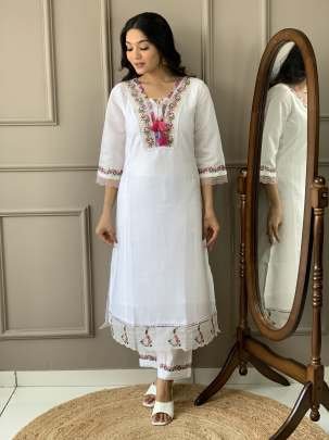 Exclusive Collection Of White Chanderi Silk Kurtis Pant Dupatta Set