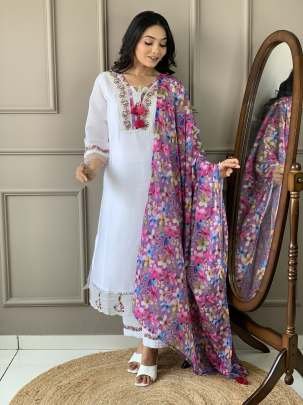 Exclusive Collection Of White Chanderi Silk Kurtis Pant Dupatta Set