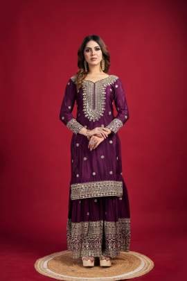 Exclusive Designer Heavy Work Pure Heavy Chinon Silk Sharara Suits Set