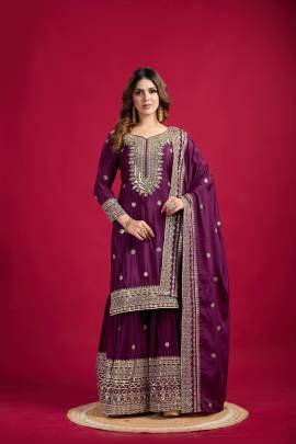Exclusive Designer Heavy Work Pure Heavy Chinon Silk Sharara Suits Set
