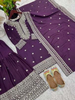 Exclusive Designer Heavy Work Pure Heavy Chinon Silk Sharara Suits Set