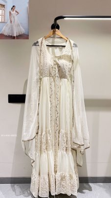 Exclusive Fully Frilled White Long Georgette Gown in Western Style