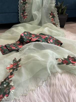 Exclusive Pista Handwork Crystal Organza Saree