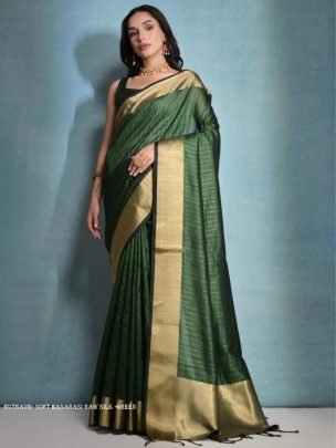 Exclusive Green Soft Banarasi raw silk saree with zari lining pattern
