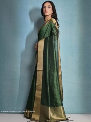 Exclusive Green Soft Banarasi raw silk saree with zari lining pattern