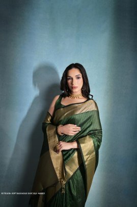 Exclusive Green Soft Banarasi raw silk saree with zari lining pattern