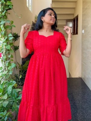 Exclusive Hakoba Red Cotton One Piece Dress