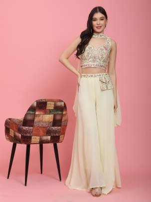 Exclusive Light Yellow Embroidery Work Readymade Georgette Crop Top Lehenga