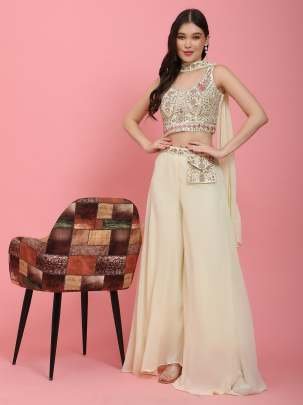 Exclusive Light Yellow Embroidery Work Readymade Georgette Crop Top Lehenga