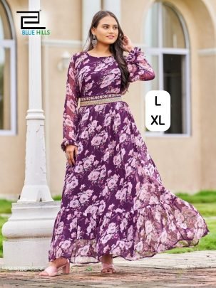 Exclusive Long Flair and Frill Gown with Long sleeves and Belt