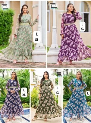 Exclusive Long Flair and Frill Gown with Long sleeves and Belt