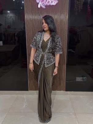 Exclusive Luxury Party Wear Ready To Wear Star Georgette Saree With Designer Koti