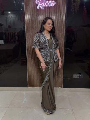 Exclusive Luxury Party Wear Ready To Wear Star Georgette Saree With Designer Koti