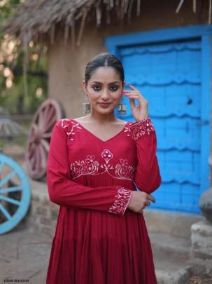 Exclusive Maroon Rayon Navaratri Gown With 15 Mtr Flair