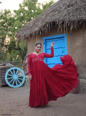 Exclusive Maroon Rayon Navaratri Gown With 15 Mtr Flair