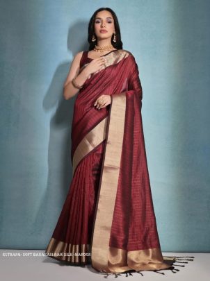 Exclusive Maroon Soft Banarasi raw silk saree with zari lining pattern