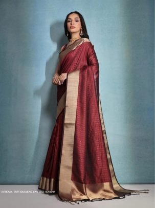 Exclusive Maroon Soft Banarasi raw silk saree with zari lining pattern