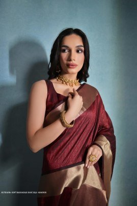 Exclusive Maroon Soft Banarasi raw silk saree with zari lining pattern