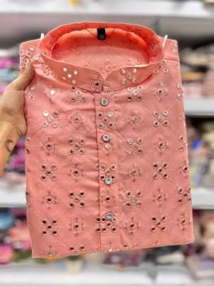 Exclusive Men Mirror Work Cotton Kurta With Pajama