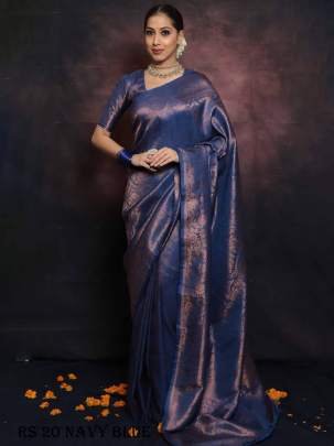Exclusive Navy Blue Pure Silk Saree With Intricate Brocade Blouse