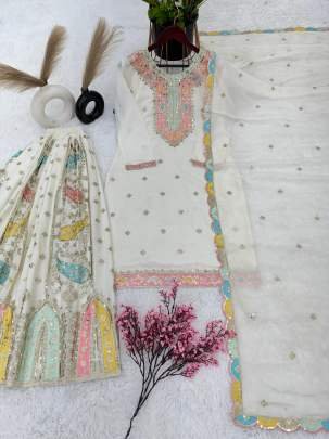 Exclusive New White Heavy Chinon Silk  Sharara Suit Set