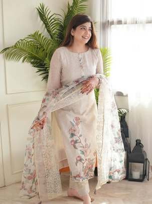 Exclusive Off White Delicate Printed Linen Cotton Kurtis Set