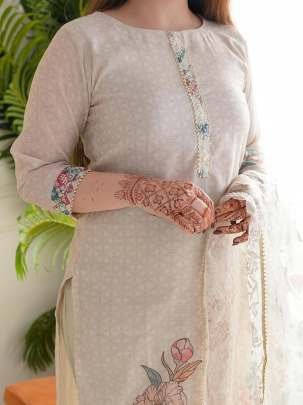Exclusive Off White Delicate Printed Linen Cotton Kurtis Set