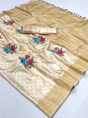 Exclusive Off White Floral Printed Satin Silk Saree