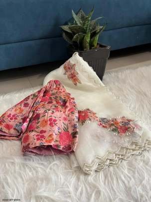 Exclusive Off White Handwork Crystal Organza Saree