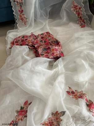 Exclusive Off White Handwork Crystal Organza Saree