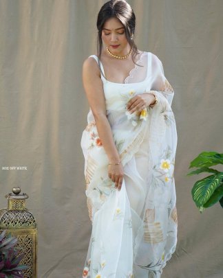 Exclusive Off White Pure Organza Silk Hand Painted Saree