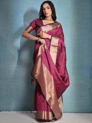 Exclusive onion Soft Banarasi raw silk saree with zari lining pattern