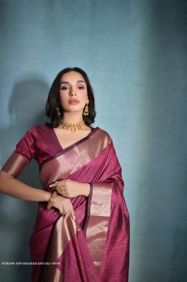 Exclusive onion Soft Banarasi raw silk saree with zari lining pattern