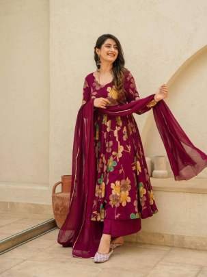 Exclusive Party wear Faux Georgette wine colored anarkali suit set