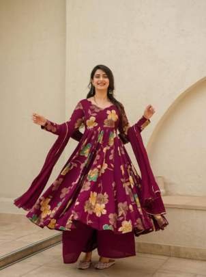 Exclusive Party wear Faux Georgette wine colored anarkali suit set