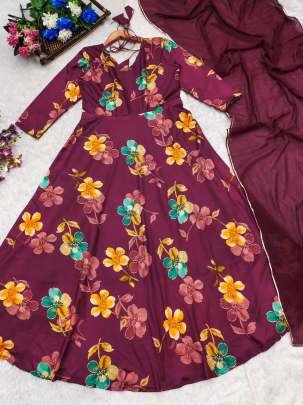 Exclusive Party wear Faux Georgette wine colored anarkali suit set