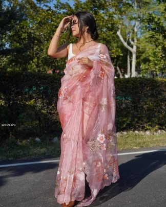 Exclusive Peach Pure Organza Silk Hand Painted Saree