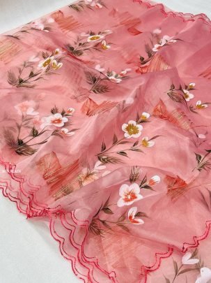Exclusive Peach Pure Organza Silk Hand Painted Saree